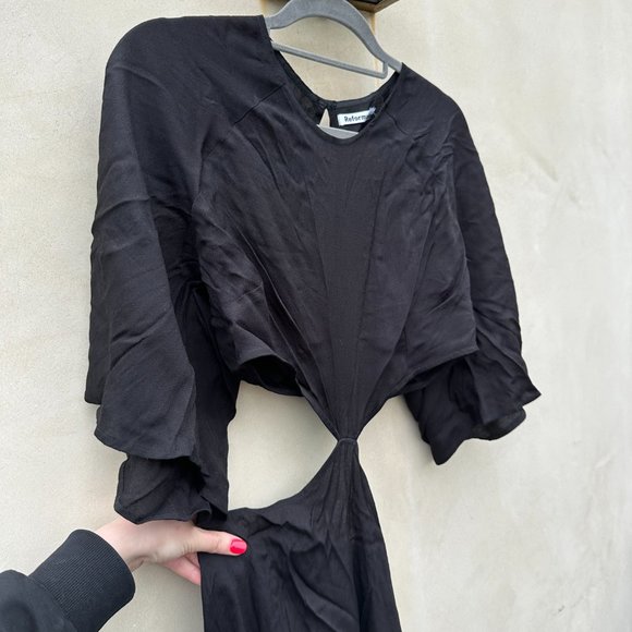 Reformation Benny Cut-out Waist Midi Dress Black Flared Flounce Sleeves Sz 12 - Picture 6 of 11